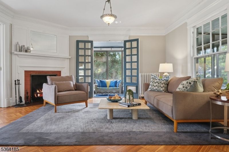 Fireplace, Interior, Living room, Pendant Lights, Wood Texture Flooring