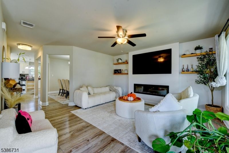 Dining room, Fireplace, Interior, Living room, Wood Texture Flooring