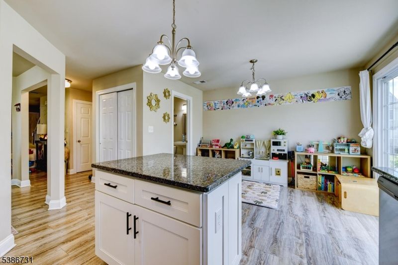 Chandelier, Interior, Kitchen, Marble, Pendant Lights, Wood Texture Flooring