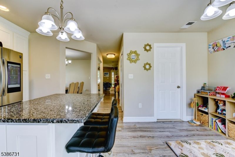 Chandelier, Interior, Kitchen, Recessed Lighting, Wood Texture Flooring