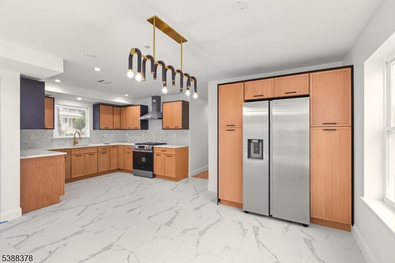 Interior, Kitchen, Marble, Pendant Lights, Recessed Lighting, Stainless Steel Appliances