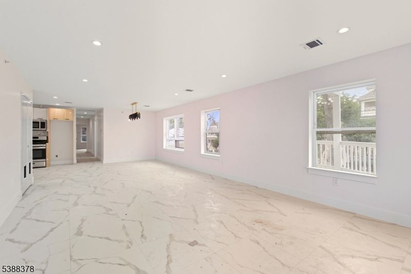 Empty room, Interior, Kitchen, Marble, Recessed Lighting, Stainless Steel Appliances