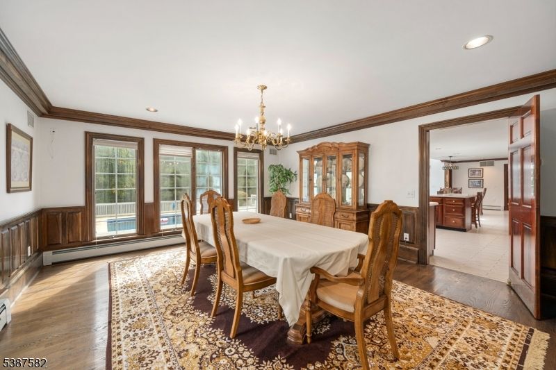Chandelier, Dining room, Interior, Recessed Lighting, Wood Texture Flooring