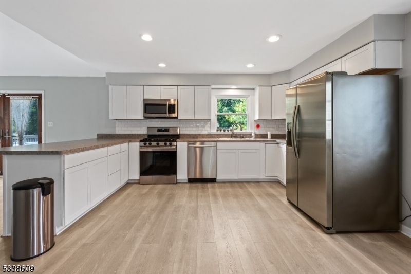 Interior, Kitchen, Recessed Lighting, Stainless Steel Appliances, Wood Texture Flooring