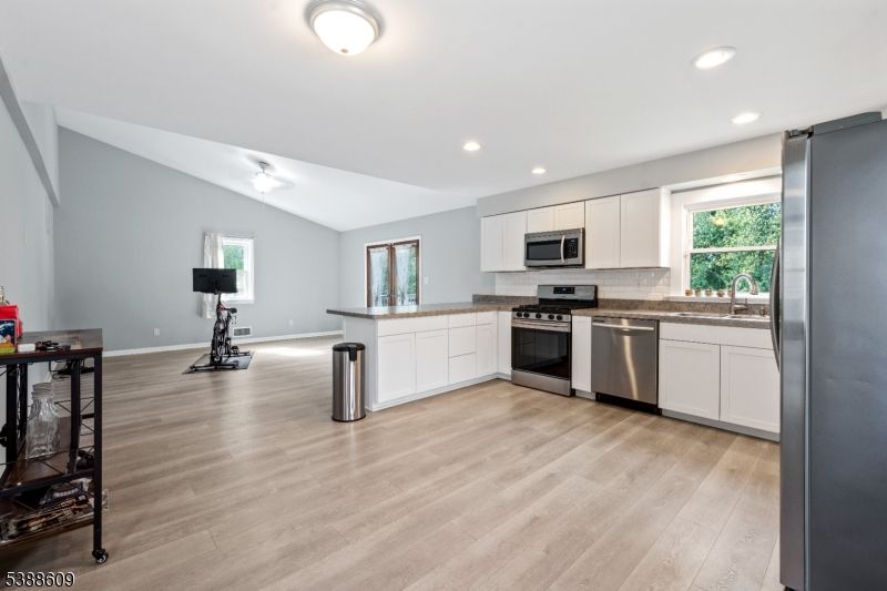 Interior, Kitchen, Recessed Lighting, Stainless Steel Appliances, Wood Texture Flooring