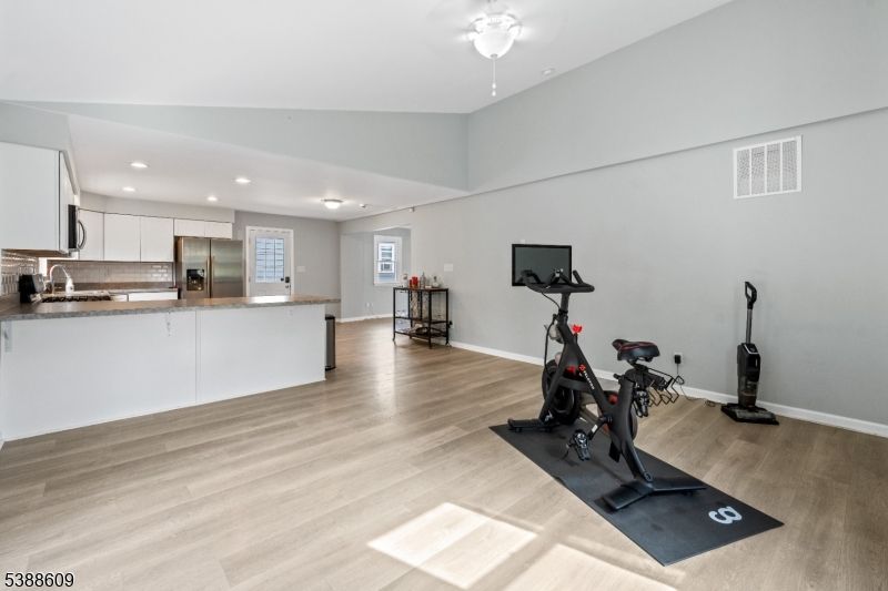 Fitness Equipment, Interior, Kitchen, Recessed Lighting, Wood Texture Flooring