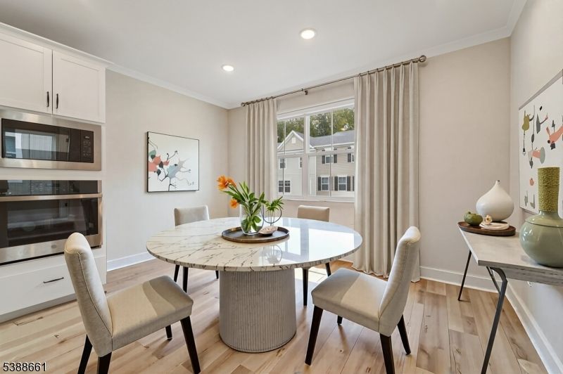 Dining room, Interior, Recessed Lighting, Wood Texture Flooring