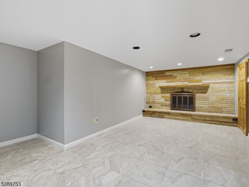 Empty room, Fireplace, Interior, Marble, Recessed Lighting, Wooden Walls