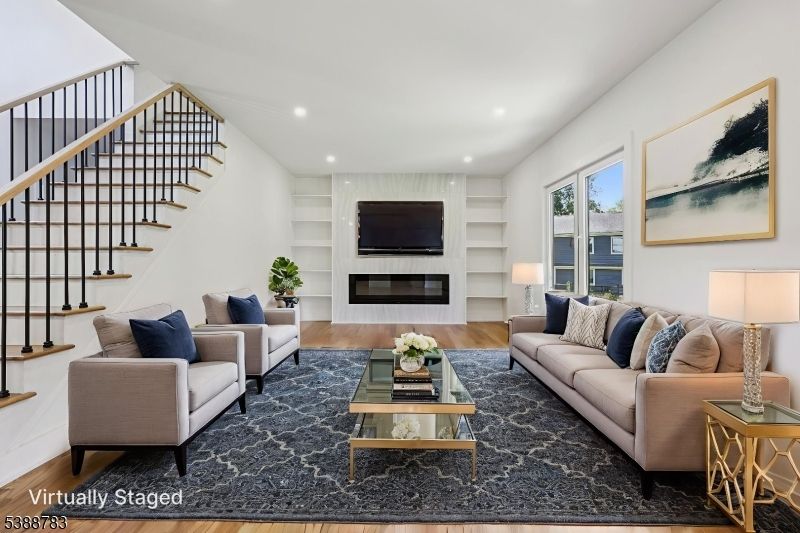 Fireplace, Interior, Living room, Recessed Lighting, Wood Texture Flooring