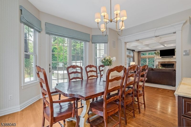 Chandelier, Dining room, Fireplace, Interior, Wood Texture Flooring