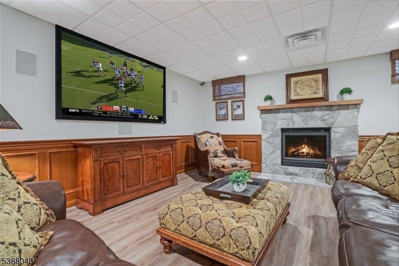 Fireplace, Interior, Living room, Recessed Lighting, Wood Texture Flooring