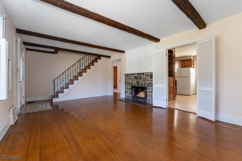 Empty room, Fireplace, Interior, Wooden Beams, Wood Texture Flooring