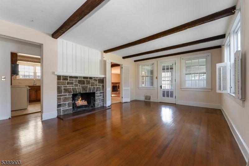 Empty room, Fireplace, Interior, Wooden Beams, Wood Texture Flooring