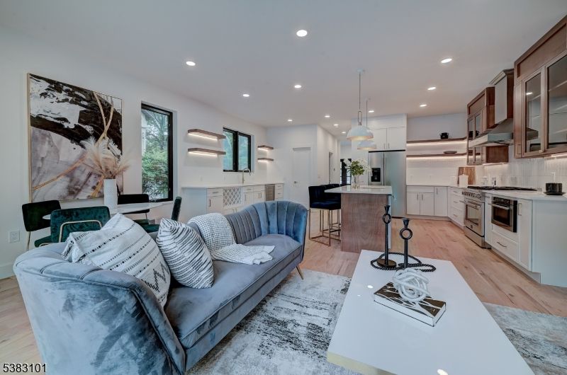 Interior, Kitchen, Living room, Pendant Lights, Recessed Lighting, Stainless Steel Appliances, Wood Texture Flooring