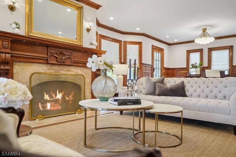 Chandelier, Fireplace, Interior, Living room, Recessed Lighting