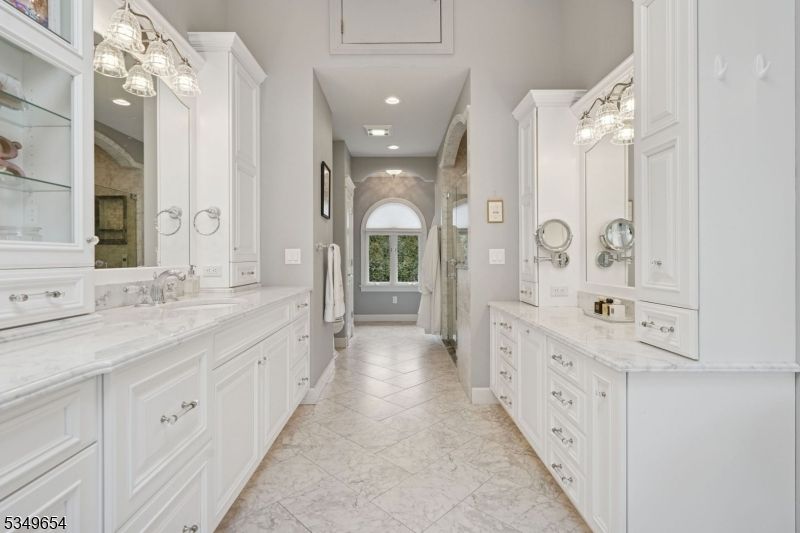Bathroom, Dual Sink Vanities, Interior, Marble, Recessed Lighting