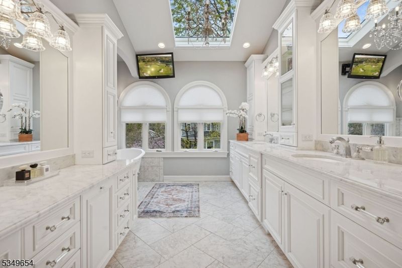 Bathroom, Dual Sink Vanities, Interior, Marble, Recessed Lighting