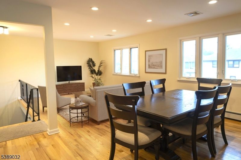 Dining room, Interior, Living room, Recessed Lighting, Wood Texture Flooring