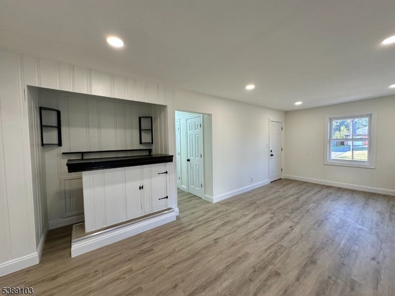 Empty room, Interior, Kitchen, Recessed Lighting, Wood Texture Flooring