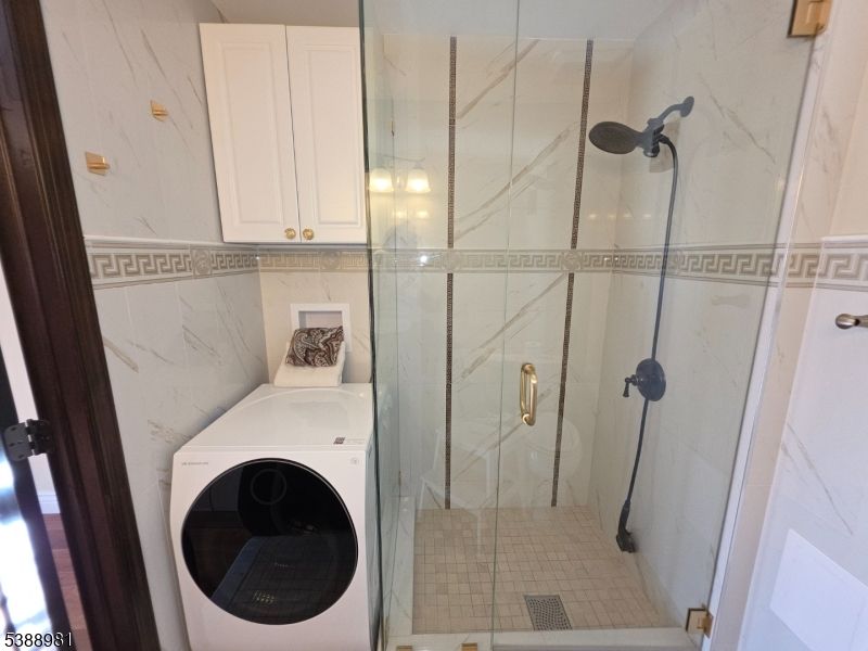 Bathroom, Glass Shower, Interior, Marble Walls, Washer