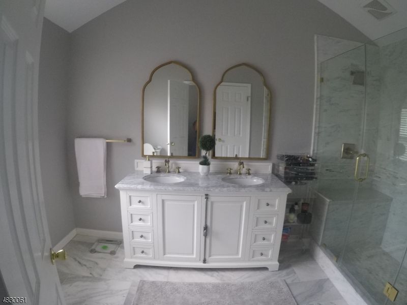Bathroom, Dual Sink Vanities, Glass Shower, Interior, Marble, Marble Walls