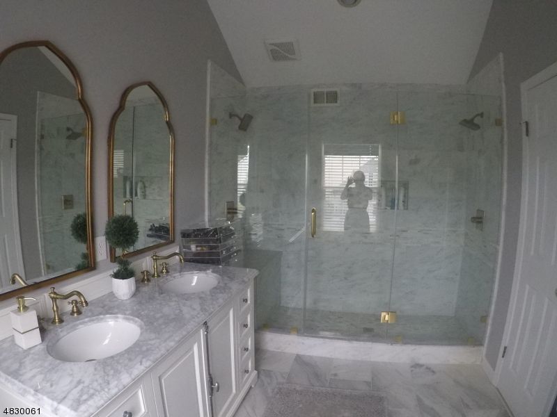 Bathroom, Dual Sink Vanities, Glass Shower, Interior, Marble, Marble Walls