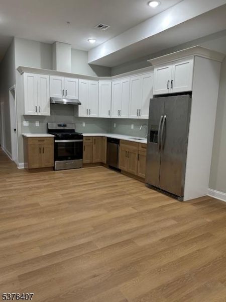Interior, Kitchen, Recessed Lighting, Stainless Steel Appliances, Wood Texture Flooring