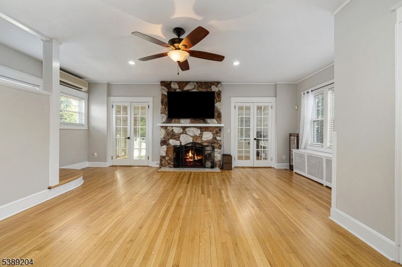 Empty room, Fireplace, Interior, Recessed Lighting, Wood Texture Flooring