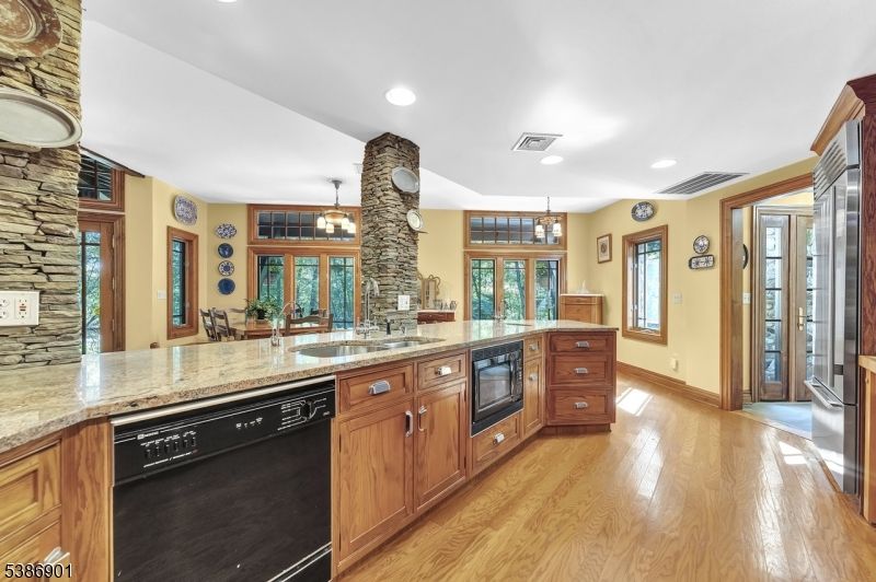 Interior, Kitchen, Pendant Lights, Recessed Lighting, Stone Walls, Wood Texture Flooring