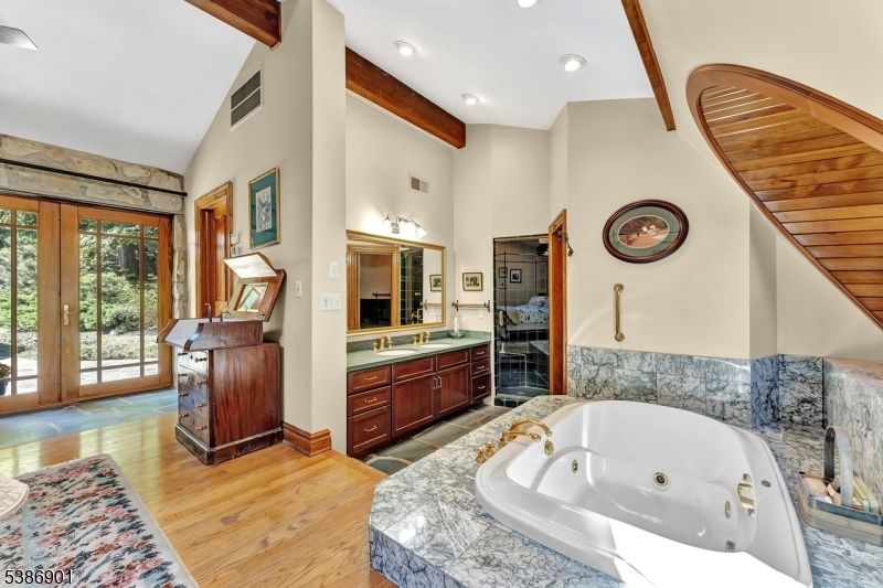 Bathroom, Interior, Recessed Lighting, Wooden Beams, Wood Texture Flooring