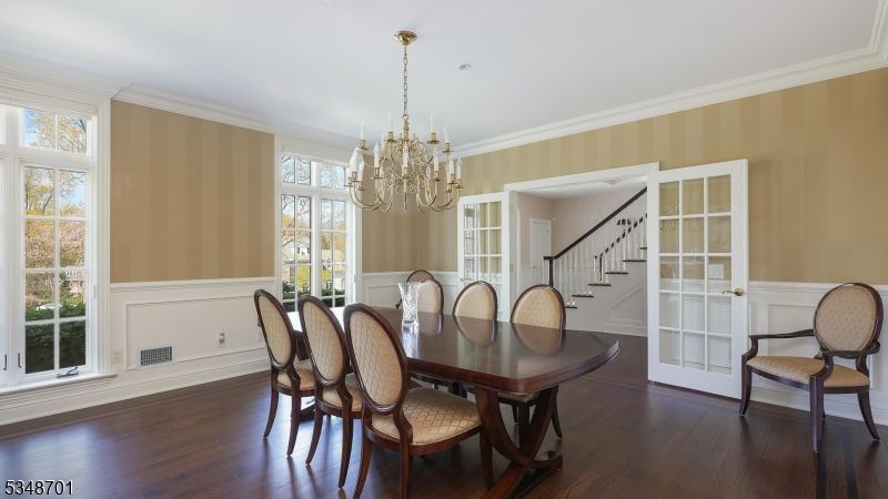 Chandelier, Dining room, Interior, Wood Texture Flooring