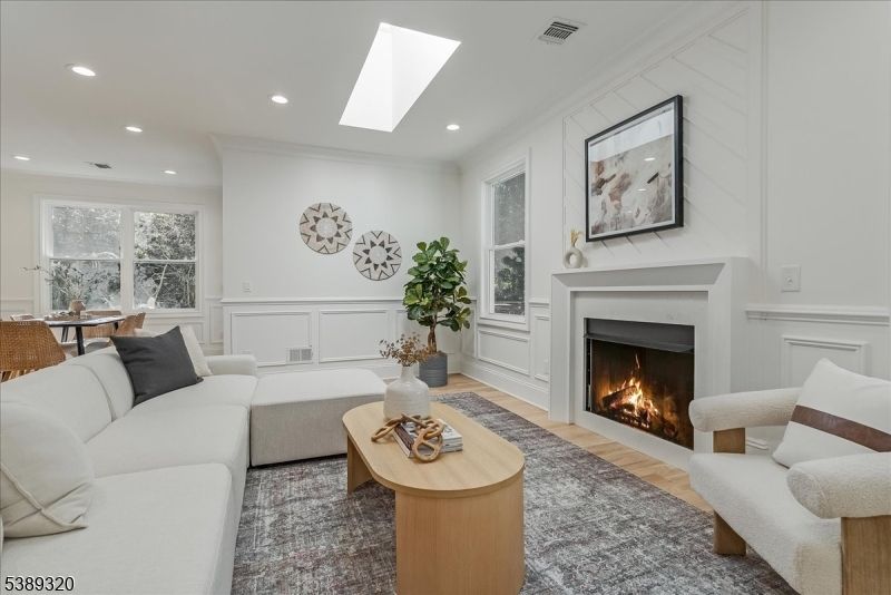 Fireplace, Interior, Living room, Recessed Lighting, Wood Texture Flooring