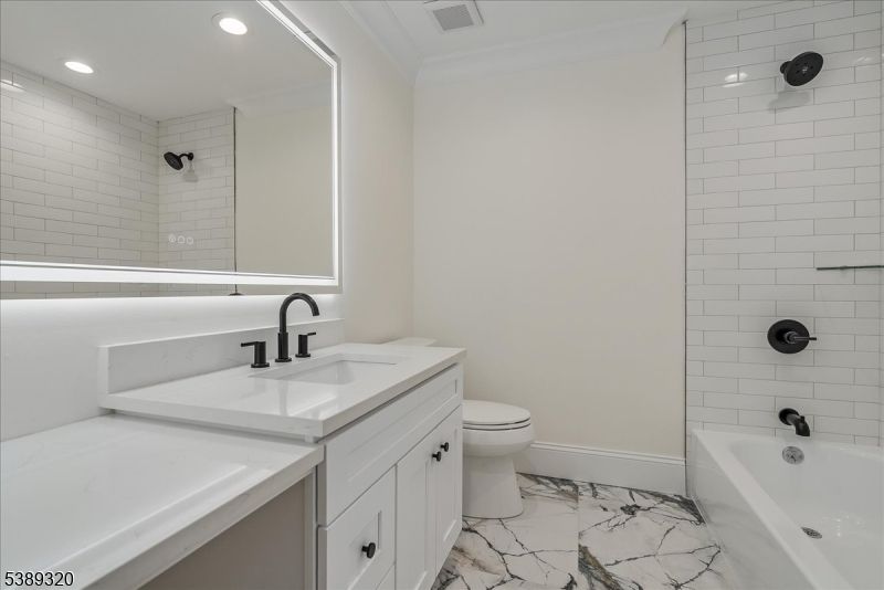 Bathroom, Dual Sink Vanities, Interior, Marble, Recessed Lighting