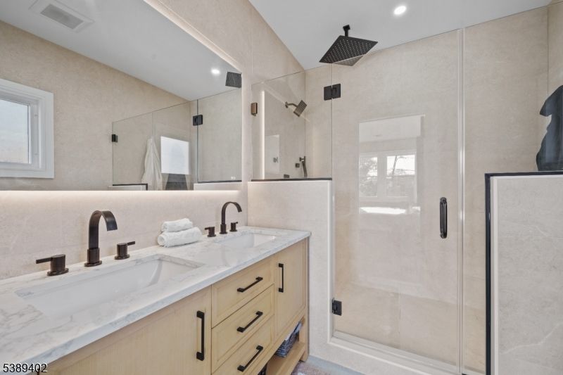 Bathroom, Dual Sink Vanities, Glass Shower, Interior, Recessed Lighting