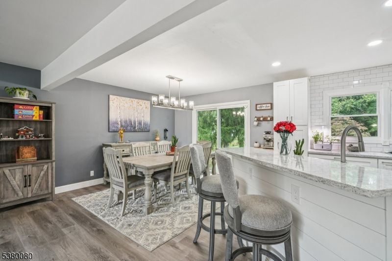 Dining room, Interior, Kitchen, Pendant Lights, Recessed Lighting, Wood Texture Flooring