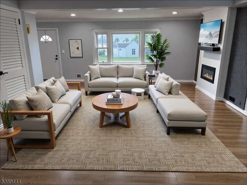 Fireplace, Interior, Living room, Recessed Lighting, Wood Texture Flooring