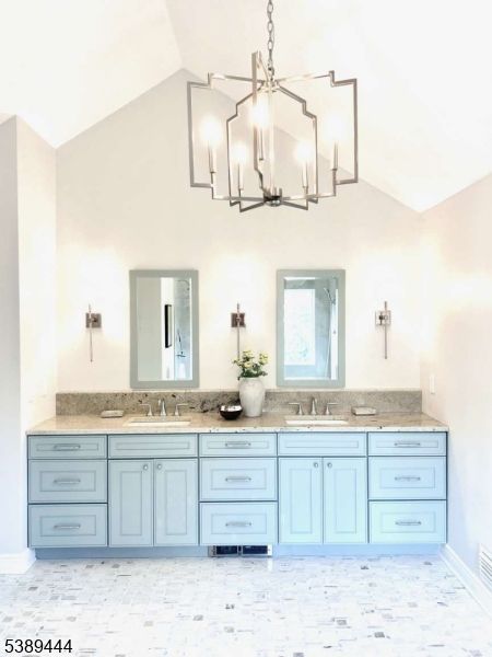 Bathroom, Chandelier, Dual Sink Vanities, Interior, Marble