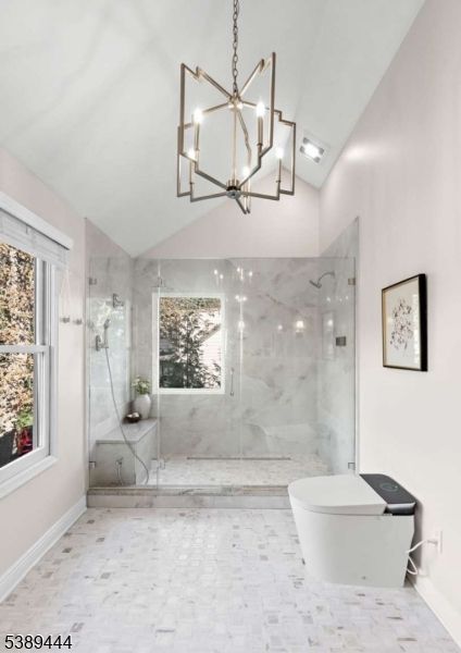 Bathroom, Chandelier, Free Standing Baths, Glass Shower, Interior, Marble, Marble Walls, Pendant Lights