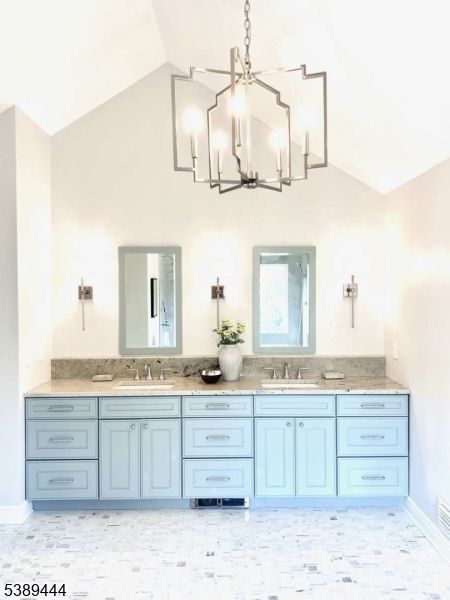 Bathroom, Chandelier, Dual Sink Vanities, Interior, Marble