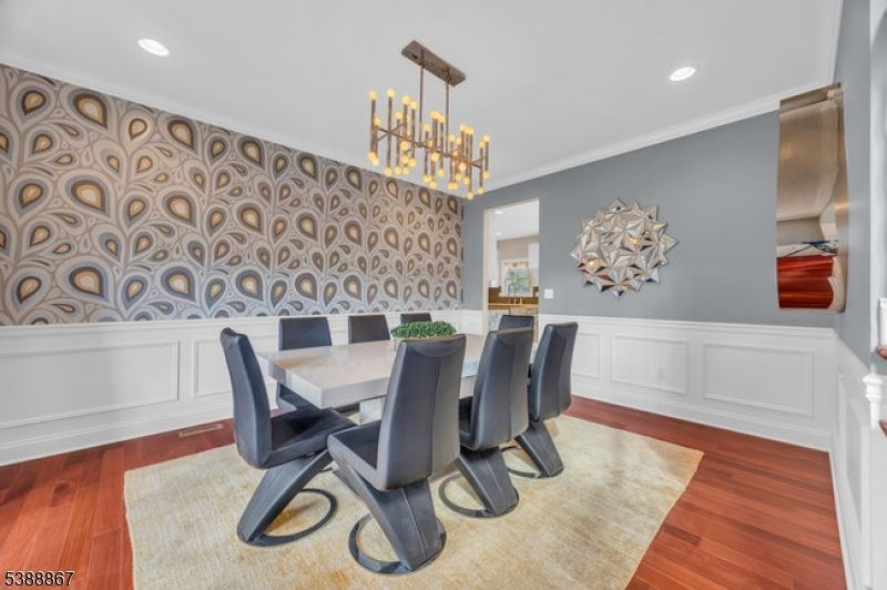 Dining room, Interior, Pendant Lights, Recessed Lighting, Wood Texture Flooring