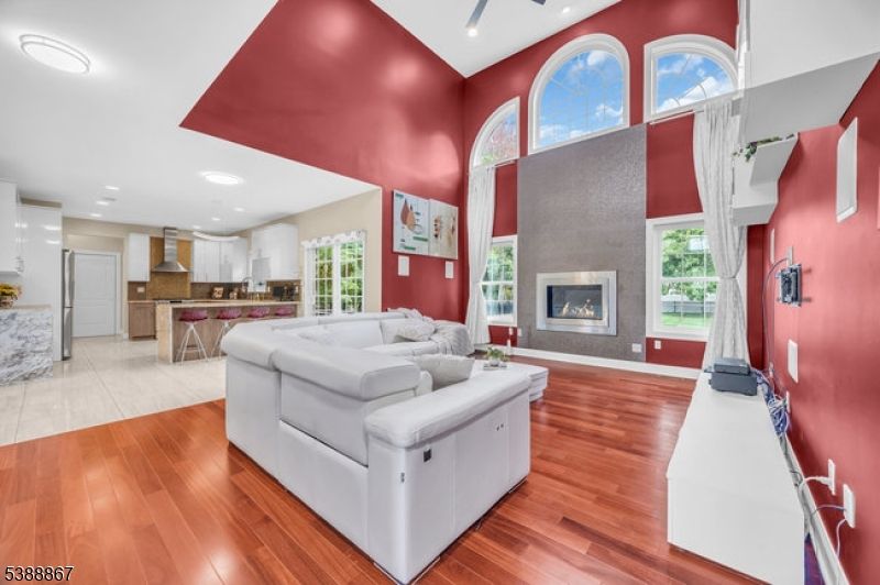 Fireplace, Interior, Kitchen, Living room, Recessed Lighting, Wood Texture Flooring