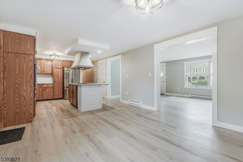 Empty room, Interior, Kitchen, Recessed Lighting, Wood Texture Flooring