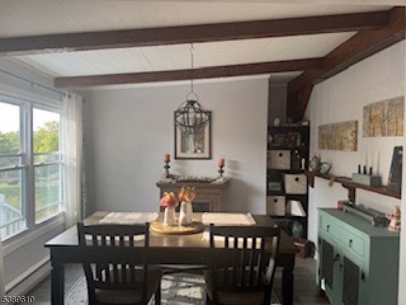 Dining room, Fireplace, Interior, Pendant Lights, Wooden Beams, Wood Texture Flooring