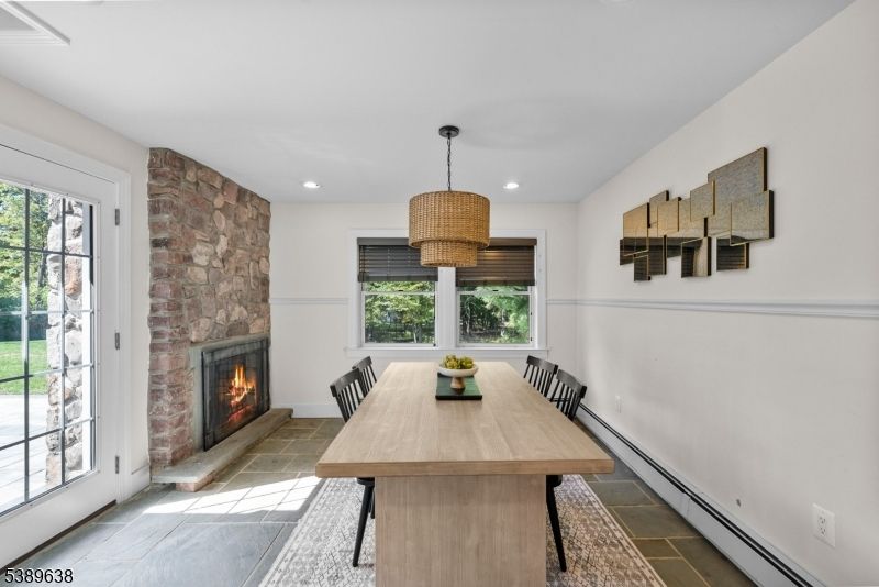 Dining room, Fireplace, Interior, Pendant Lights, Recessed Lighting, Stone Walls