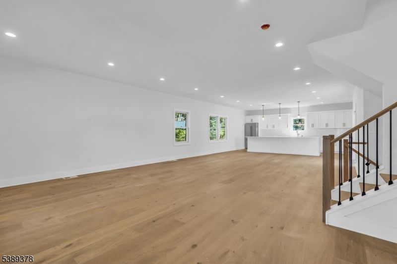 Empty room, Interior, Kitchen, Pendant Lights, Recessed Lighting, Wood Texture Flooring
