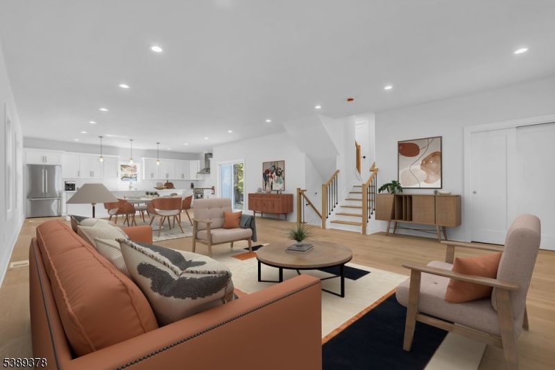 Dining room, Interior, Kitchen, Living room, Pendant Lights, Recessed Lighting, Stainless Steel Appliances, Wood Texture Flooring