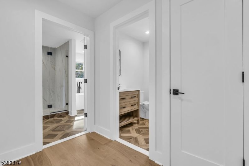 Bathroom, Interior, Marble Walls, Recessed Lighting, Wood Texture Flooring