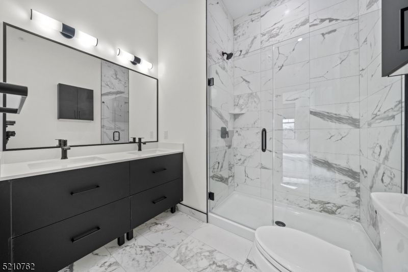 Bathroom, Dual Sink Vanities, Glass Shower, Interior, Marble, Marble Walls