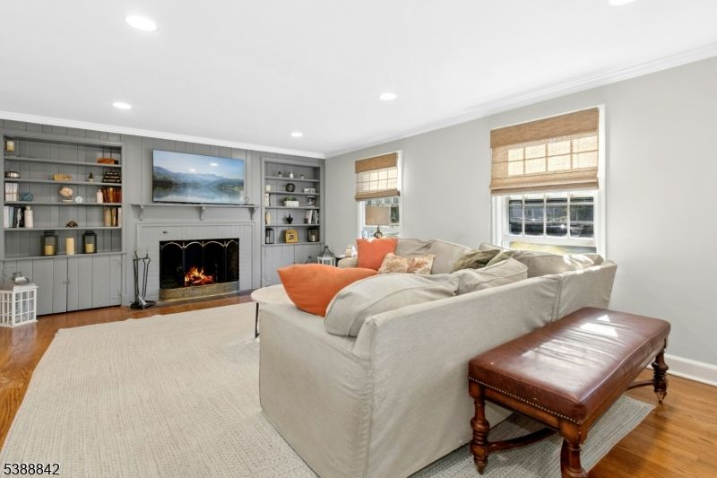 Fireplace, Interior, Living room, Recessed Lighting, Wood Texture Flooring