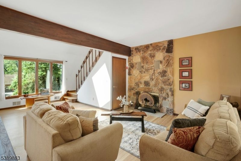 Fireplace, Interior, Living room, Stone Walls, Wooden Beams, Wood Texture Flooring